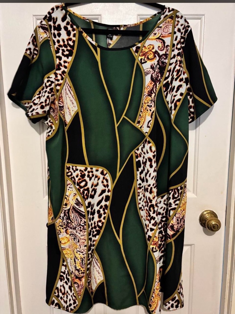 SHEIN Green Abstract Leopard Panel Short Sleeve Dress